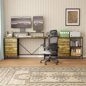 Industrial L Shaped Computer Desk With Power Outlets & USB-C, 6 Fabric Drawers, 3 Open Shelves, Movable Monitor Stands - Brown