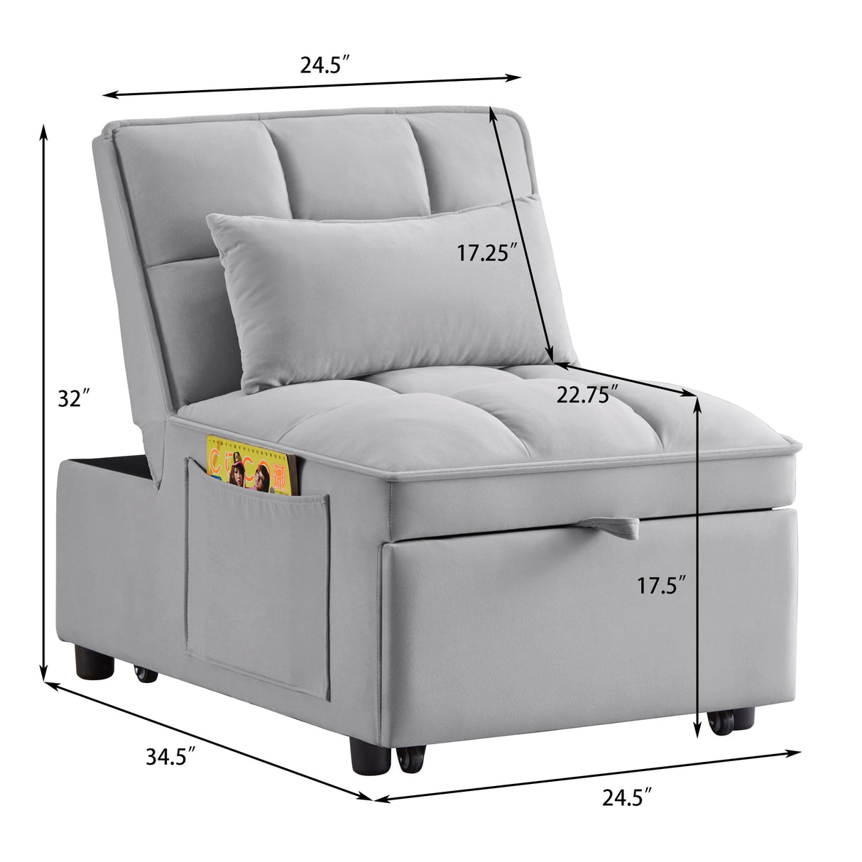 4 in 1 Multi-Function Single Sofa Bed with Storage Pockets - Gray