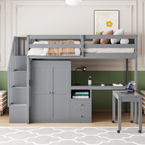 Loft Bed With Stairs, Bookshelf, Drawers, Desk & Wardrobe, Space Saving Multifunctional Furniture