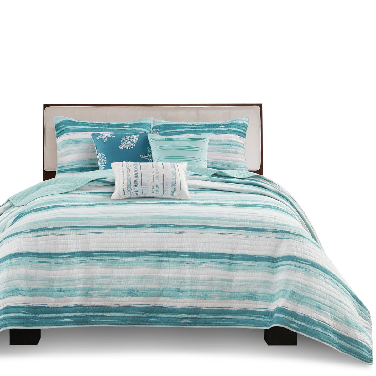 6 Piece Printed Quilt Set with Throw Pillows Aqua Full/Queen
