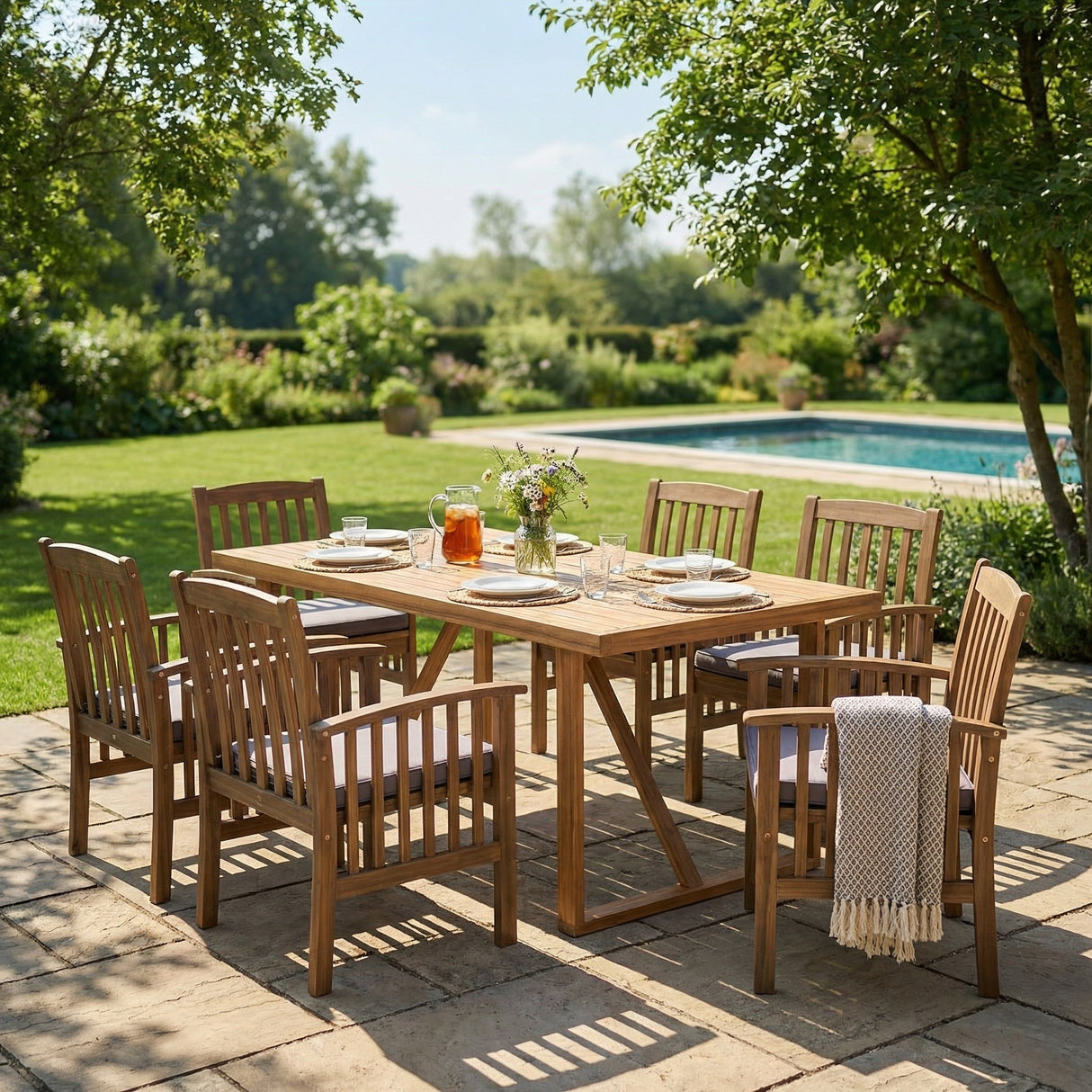 7 Pieces Acacia Wood Outdoor Dining Set, Modern 6 Chairs & 1 Large Table