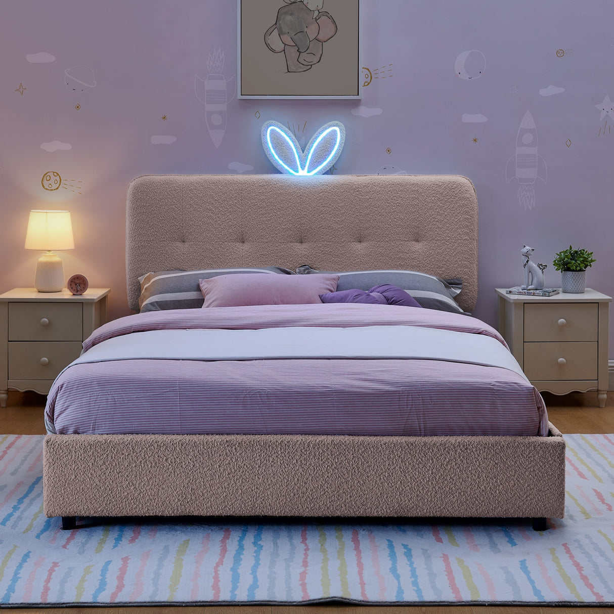 Full Size Kids Upholstered Bed with Oversized Rabbit Ear Headboard, LED Light & 4 Storage Drawers, Boucle Fabric (79.5''X55.75''X41'')