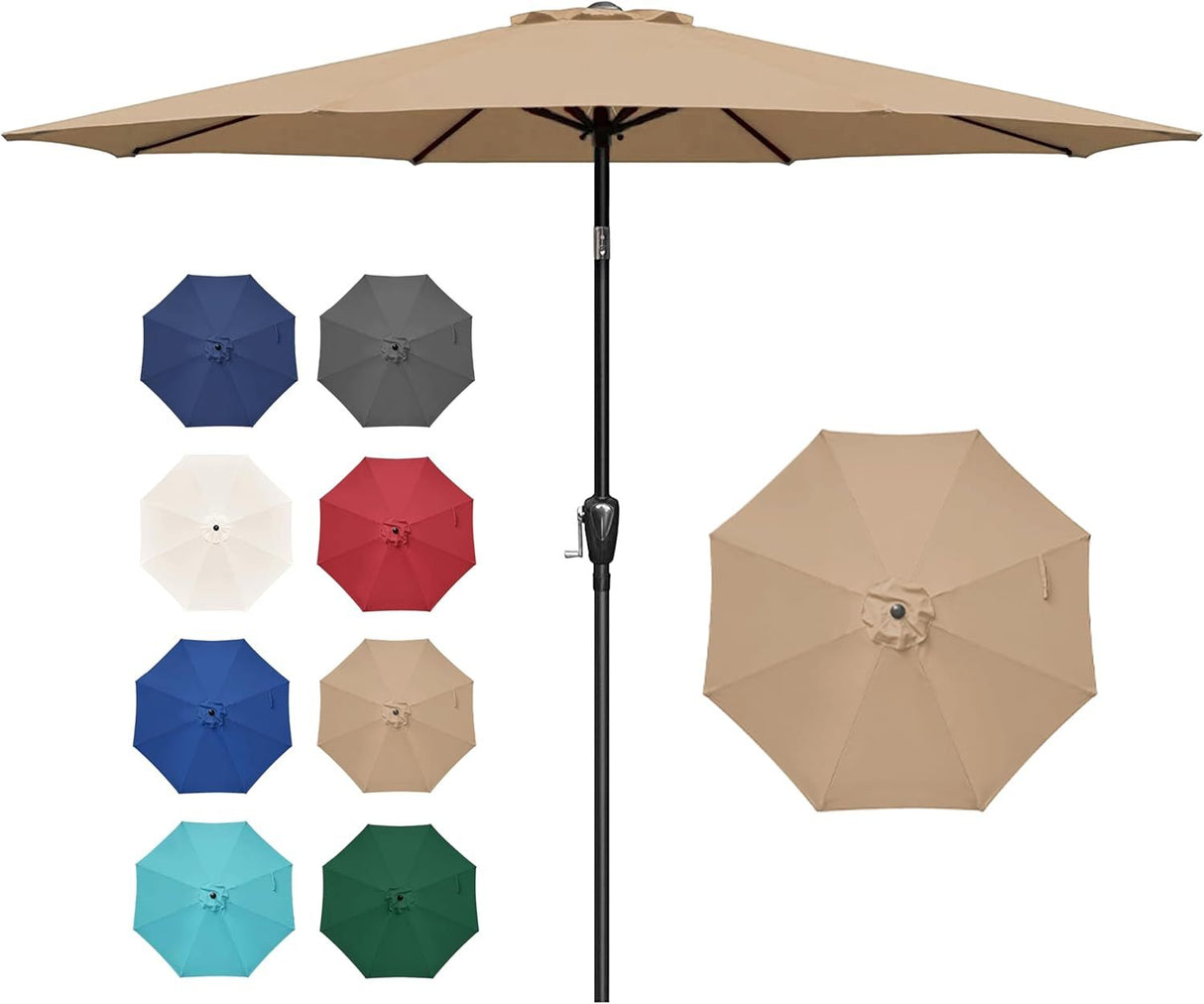 9ft outdoor patio umbrella table market umbrella with push button tilt and crank, 8 sturdy ribs, uv protection waterproof for garden, lawn, deck, backyard, pool,tan
