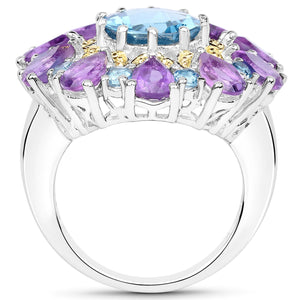 8.86 Carat Genuine London Blue Topaz and Amethyst .925 Sterling Silver Ring