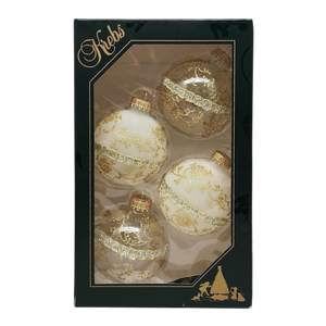 Clear and Frosted Gold Glitterlace and Braid Ball Ornaments - 4 Piece Set