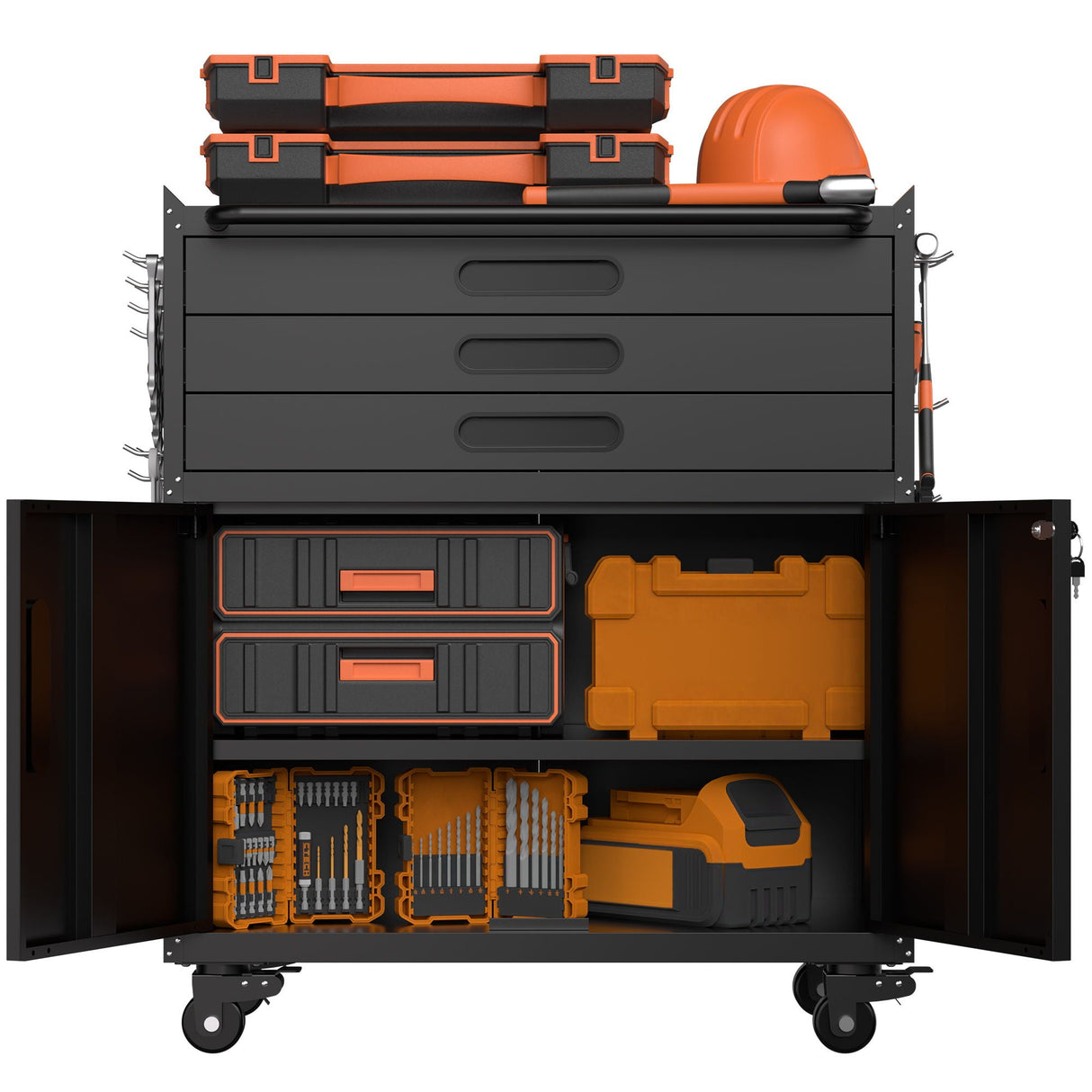 Rolling Tool Cabinet Heavy Duty Garage Storage With Lockable Doors & Drawers