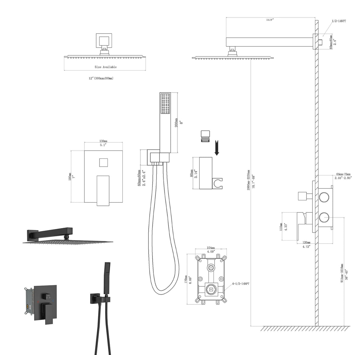 Dual Shower Head System with 12" Square Rain Shower and Valve - Black, Gray, Pearl Silver, Gold