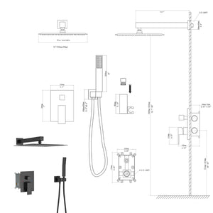 Dual Shower Head System with 12" Square Rain Shower and Valve - Black, Gray, Pearl Silver, Gold