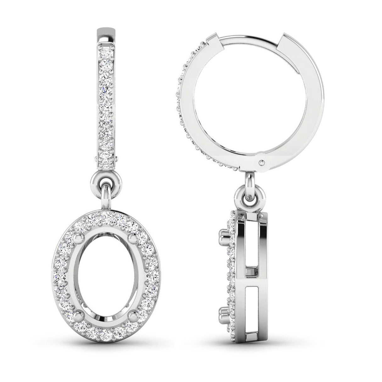 0.32 Carat Genuine White Diamond 14K White Gold Semi Mount Earrings - holds 8x6mm Oval Gemstones