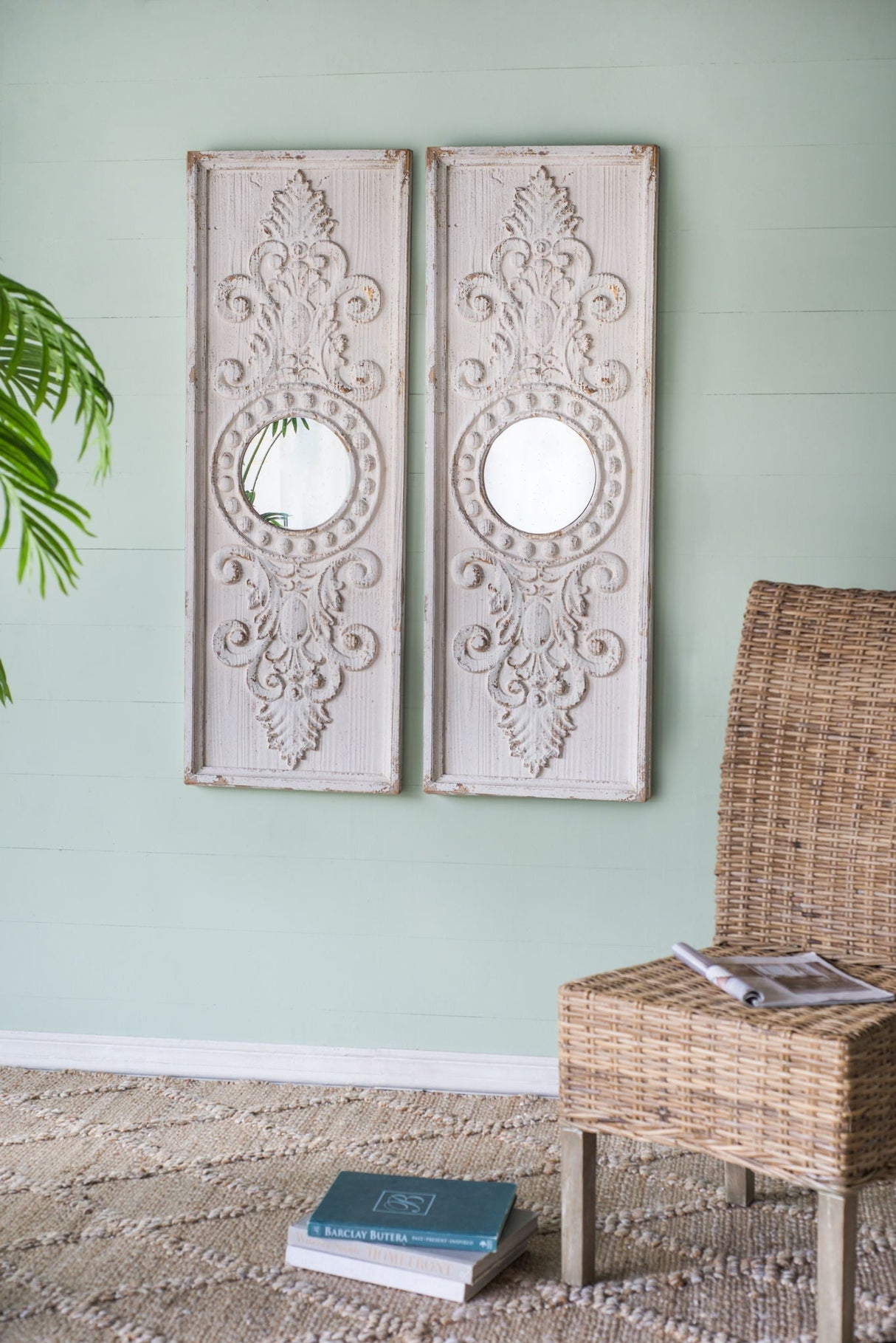 Large Wooden Wall Art Panels With Distressed Round Mirror Accents (Set of 2) - White