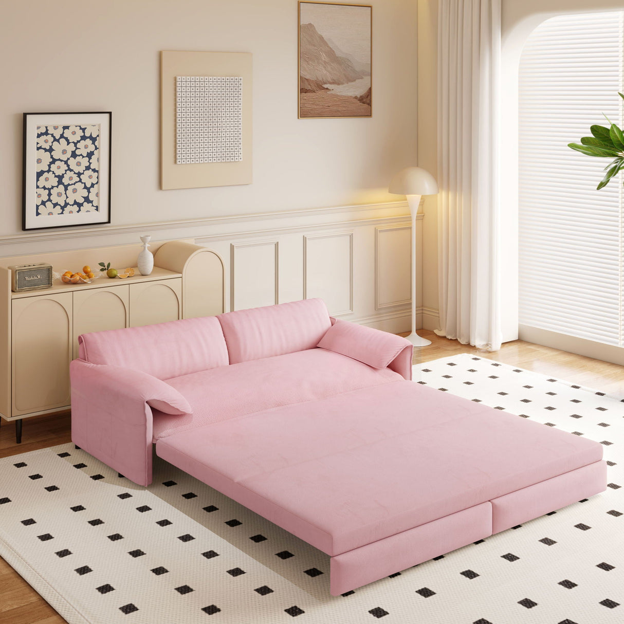 Pull Out 3 In 1 Convertible Sleeper Sofa With Side Storage, Multi Functional