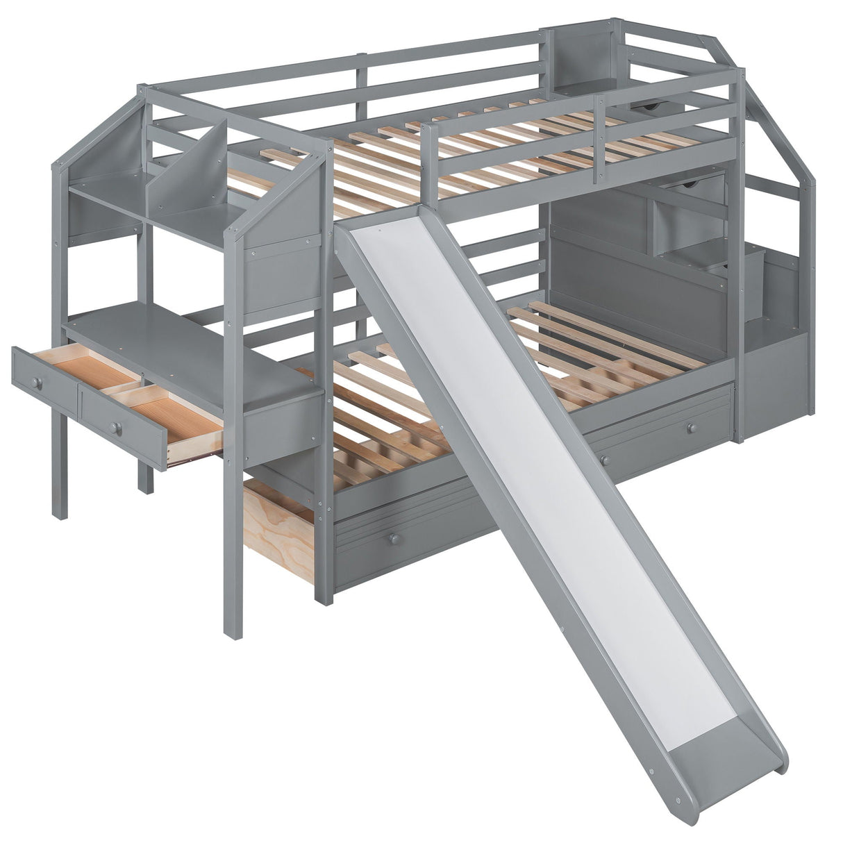 Bunk Bed With Storage Staircase, Slide, Desk, Drawers, And Shelves