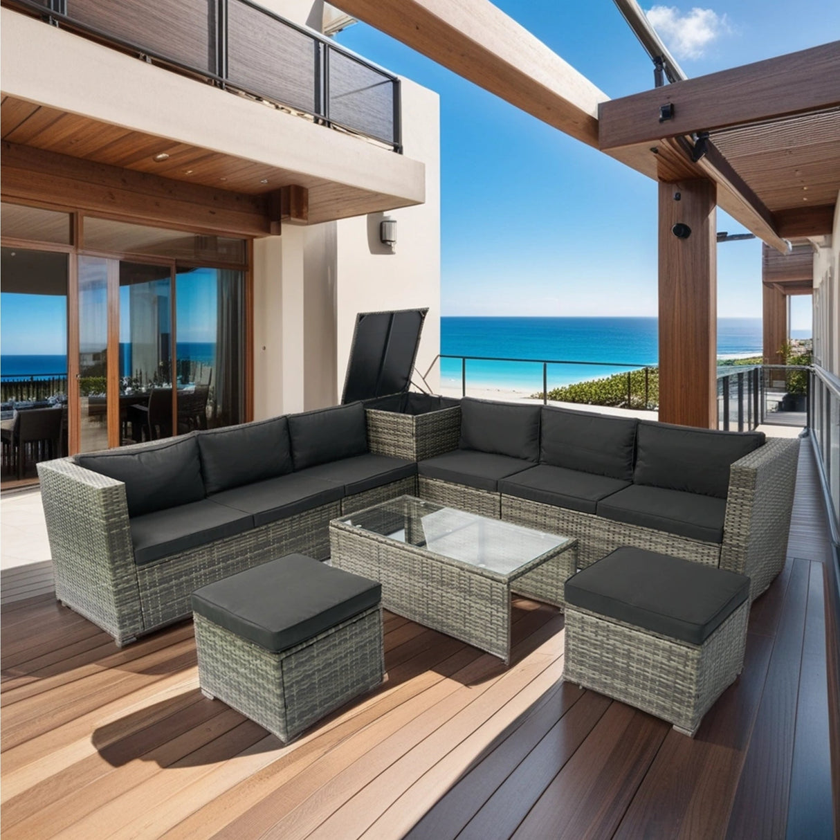 8 Piece Patio Sectional Wicker Rattan Outdoor Sofa Set with Storage Box