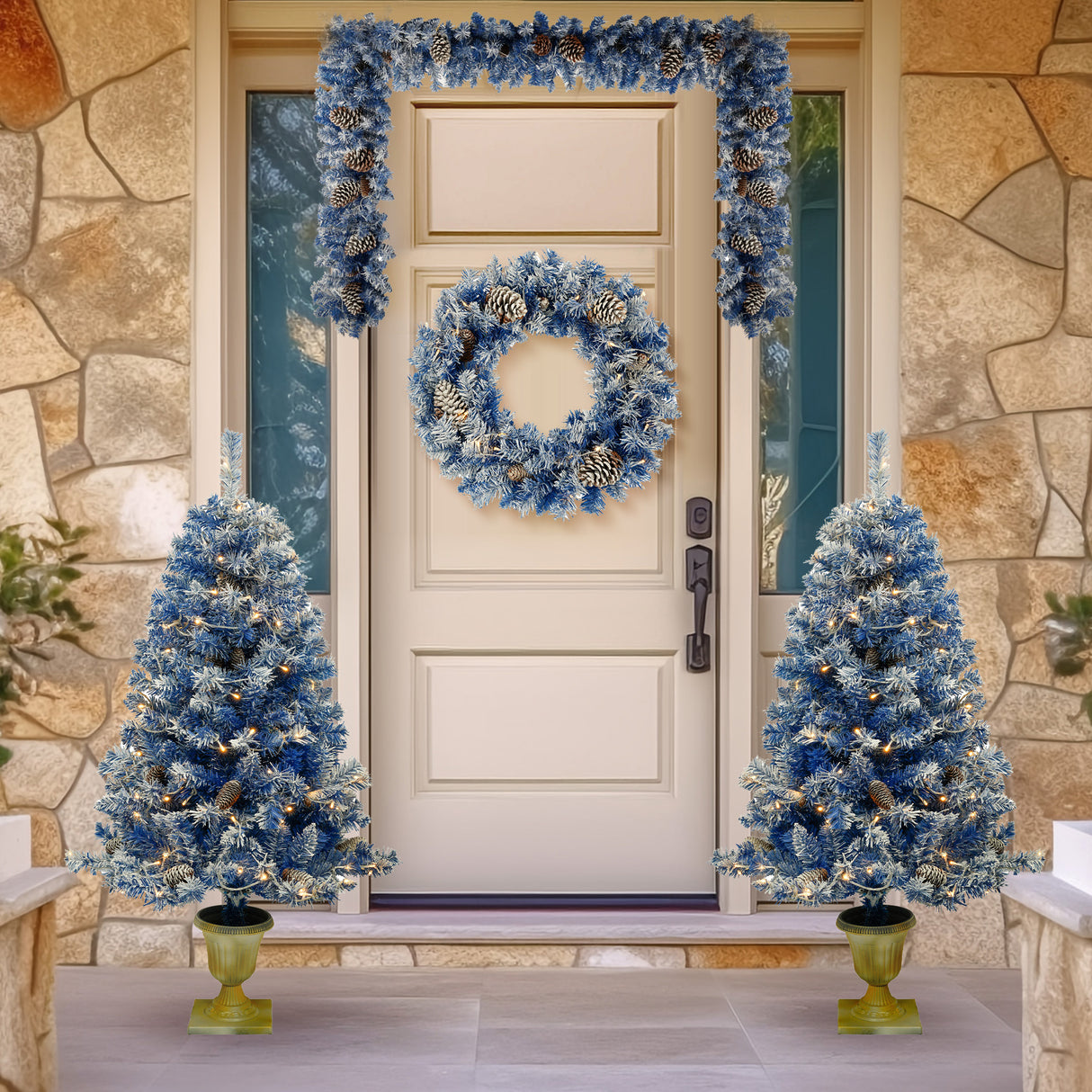 Pre-lit Xmas Tree Artificial Christmas 4-Piece Set,Garland, Wreath and Set of 2 Entrance Trees