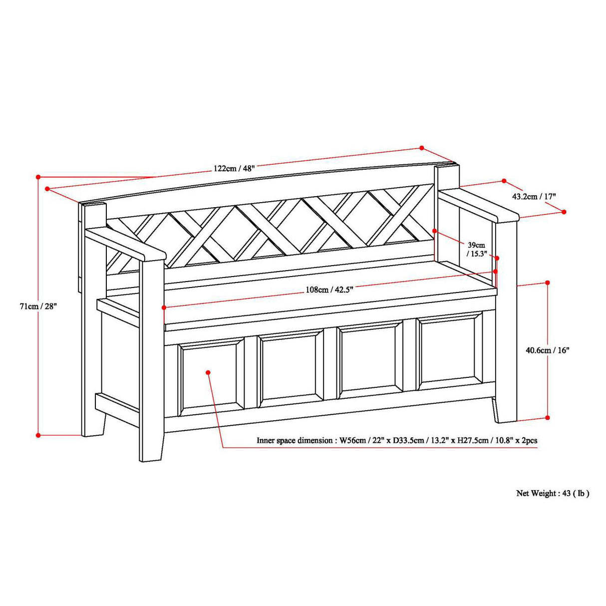 Amherst Solid Wood Entryway Storage Bench in Farmhouse Brown