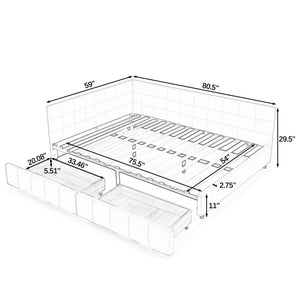 Mid-Century Storage Upholstered Tufted Bed Frame with Backrest and Armrests