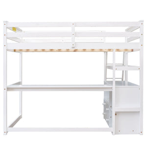 Modern Loft Bed With Built In Desk, Shelves, And 2 Drawers