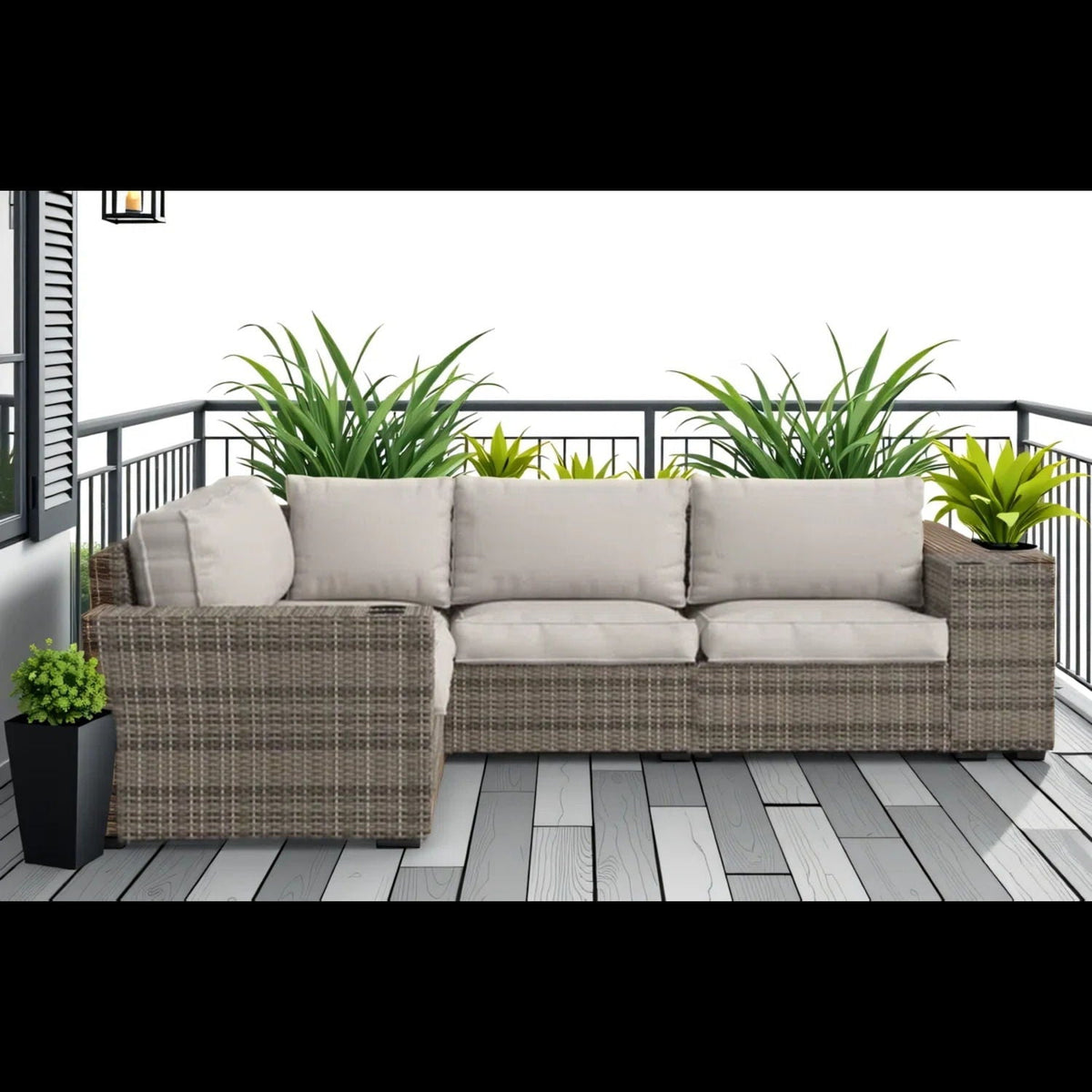Wide Outdoor Wicker Patio Sectional With Cushions & Reversible Design - Gray