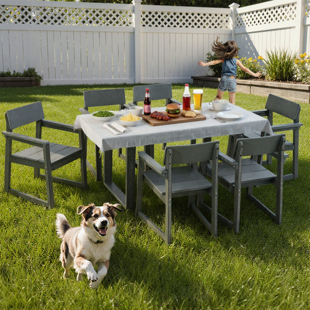 7-Piece HDPE Outdoor Dining Set for 6 – Weather-Resistant Patio Table with Umbrella Hole (Grey)