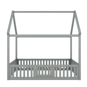Wood House Bed With Fence And Door