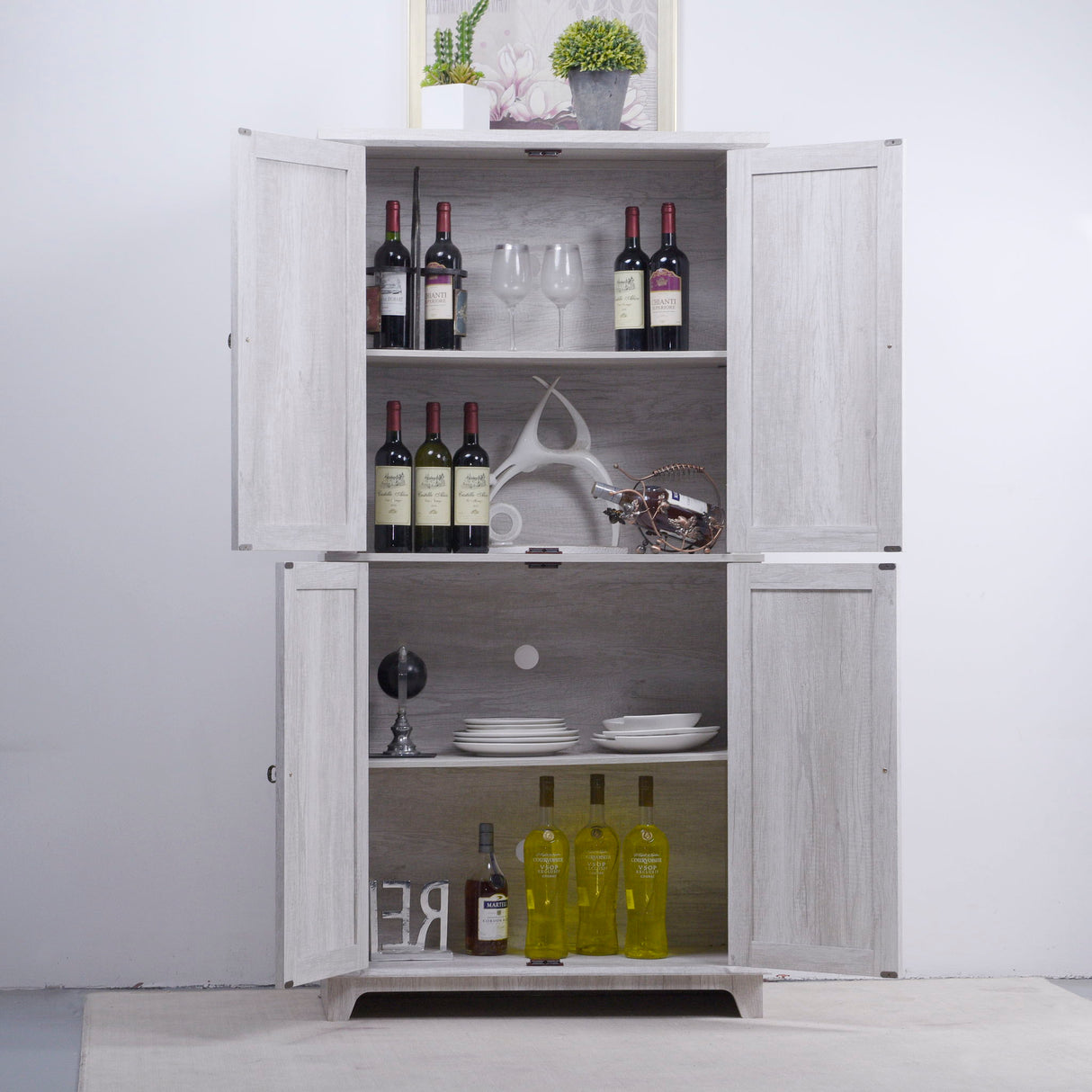 Modern Sideboard Buffet With 4 Mirrored Doors, Adjustable Shelves