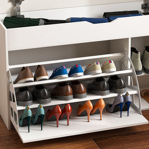 Modern Design Entryway Bench With Adjustable 3 Tier Flip-Up Drawers And Hidden Cabinet - White