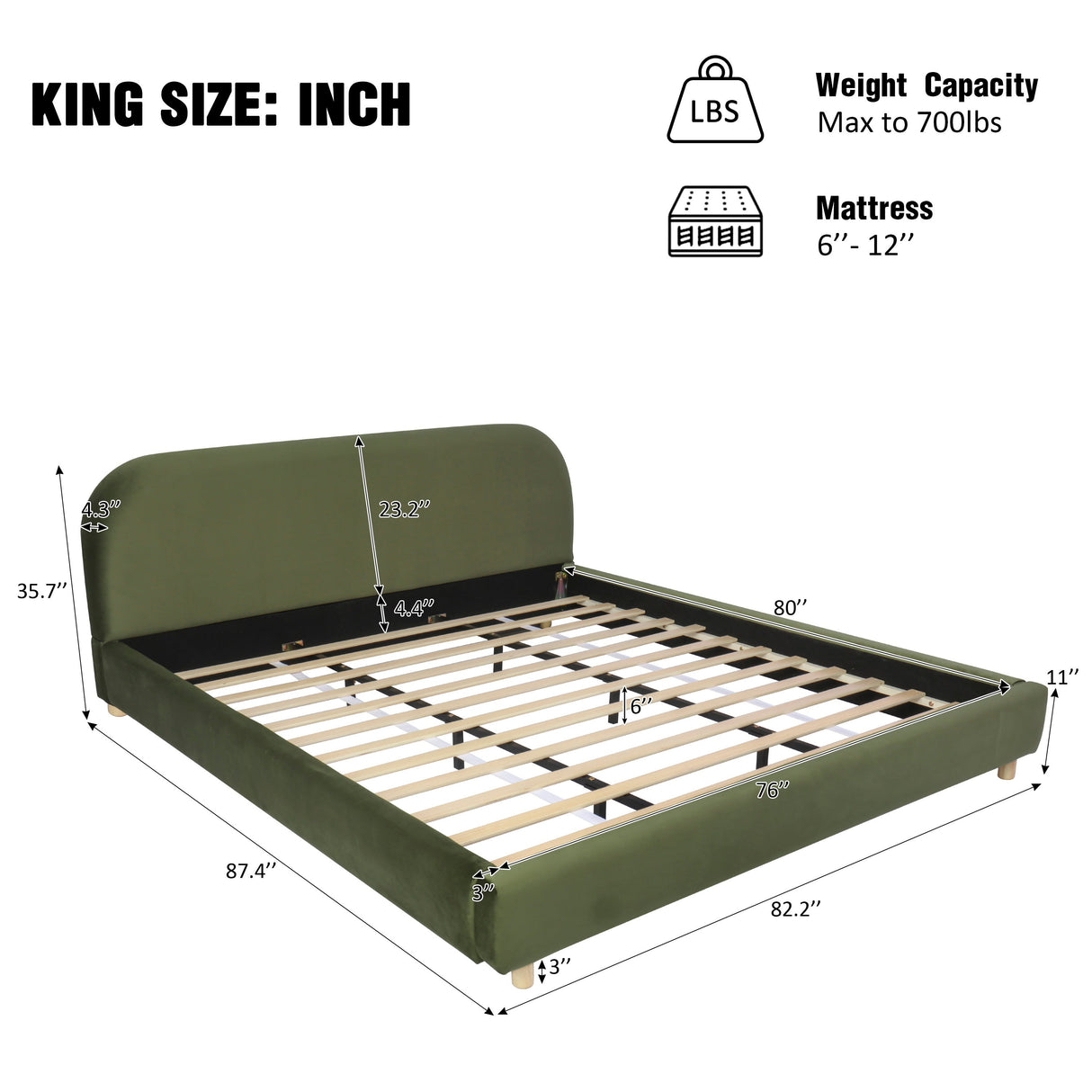 King Size Platform Bed with Velvet Fabric and Curved Headboard