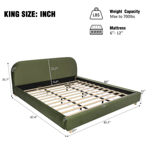 King Size Platform Bed with Velvet Fabric and Curved Headboard