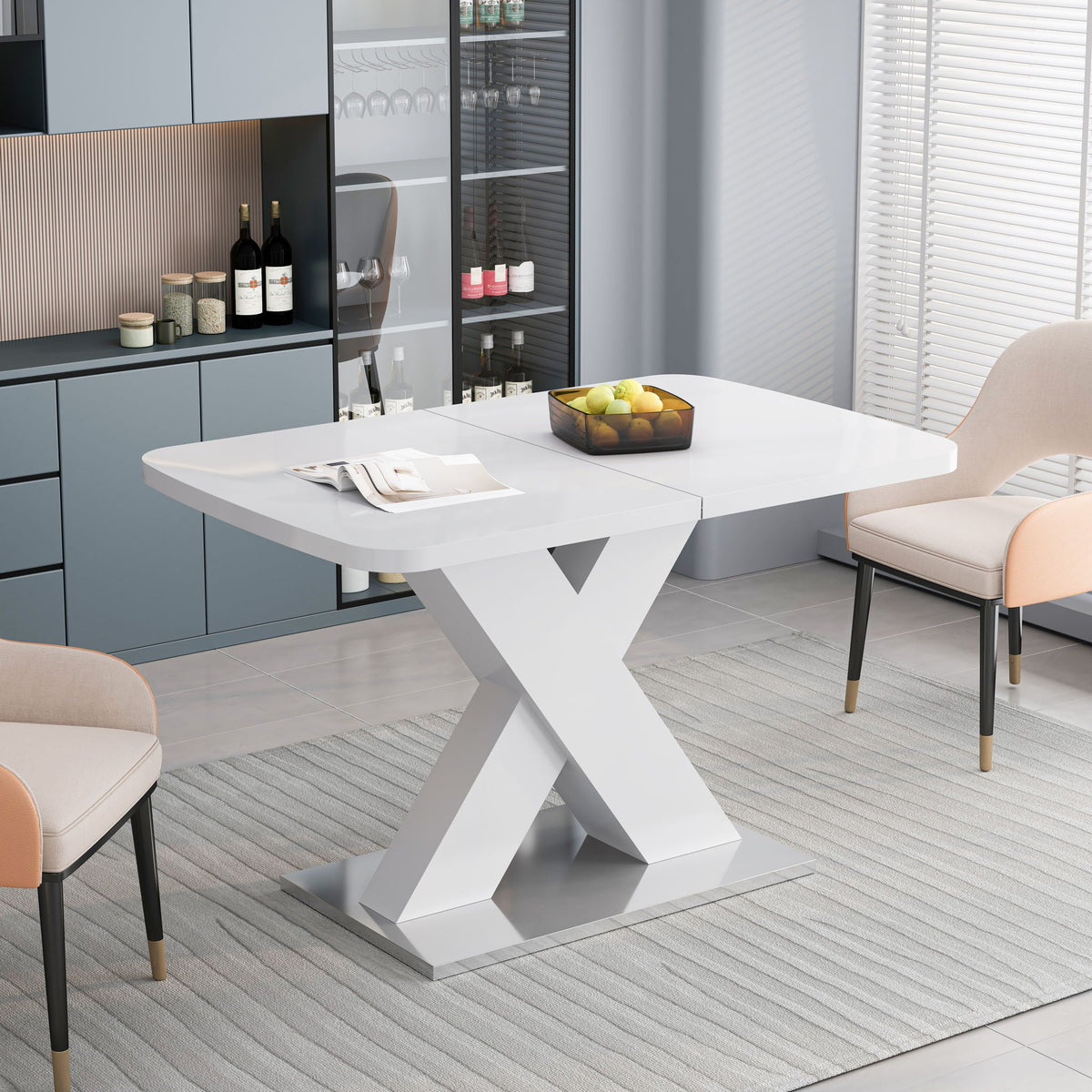 Rectangle Dining Table, Stretchable, X Shape Legs - White