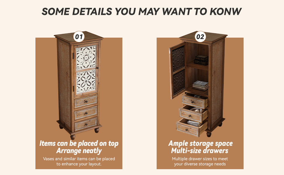 Rustic Wooden Storage Cabinet with Decorative Cutout Door & 3 Drawers