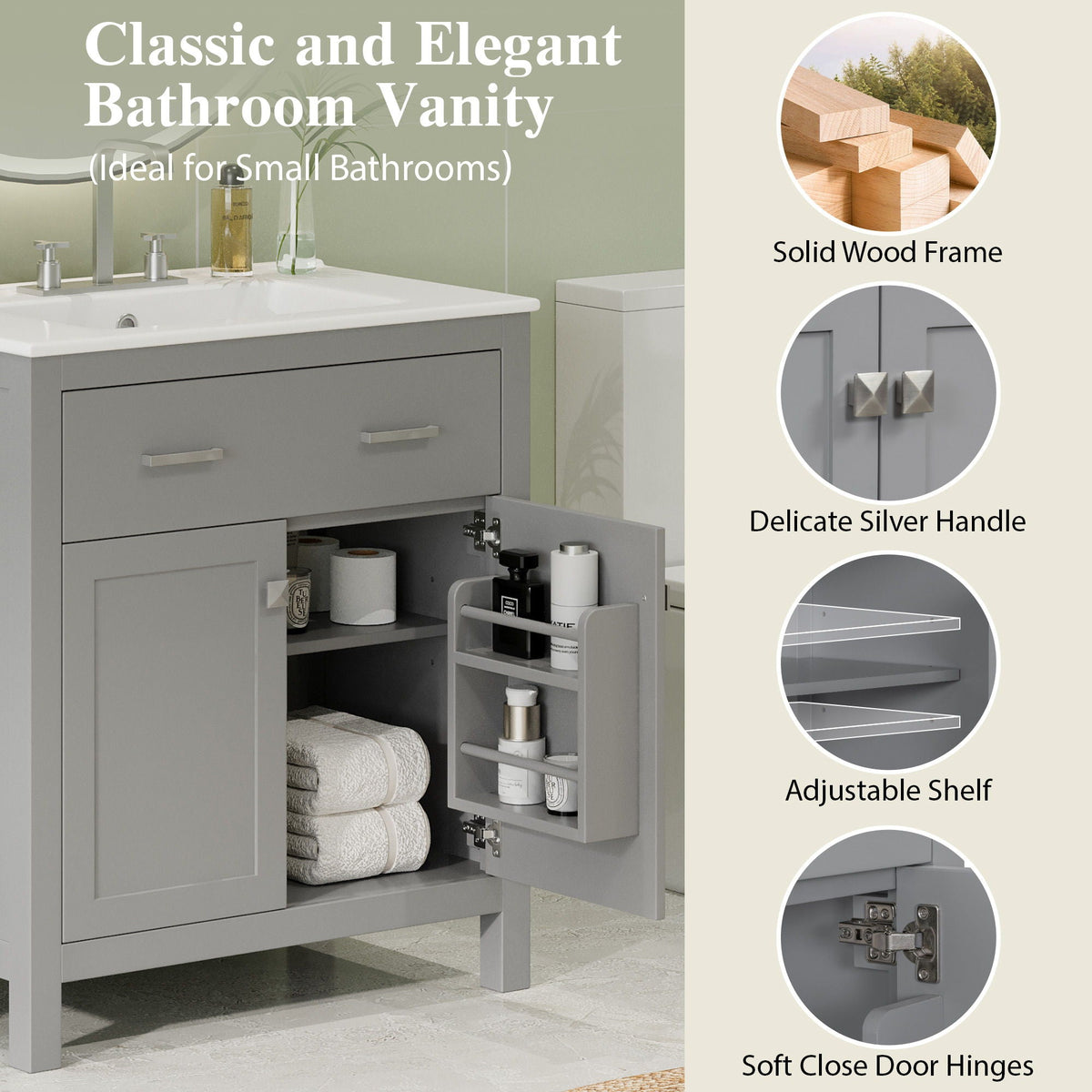 Bathroom Vanity With Ceramic Sink, Modern Single Bathroom Cabinet With 2 Doors And A Shelf, Soft Close Doors