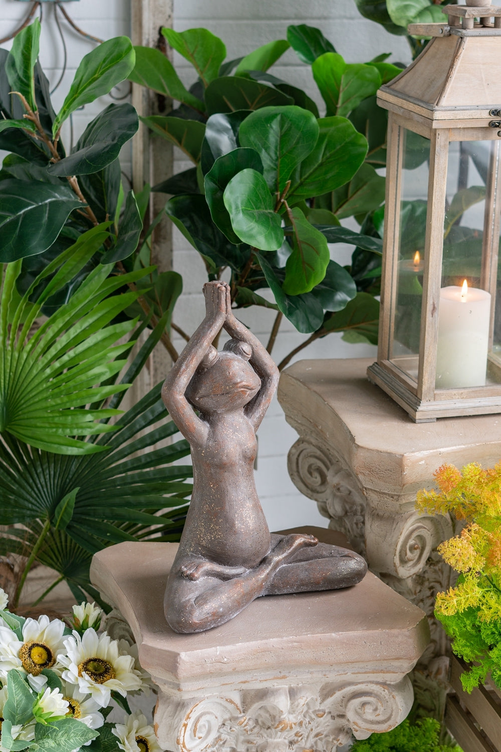 11.5x6.5x15 Brown Magnesium Yoga Frog Figurine in Namaste Pose with Gold Accents