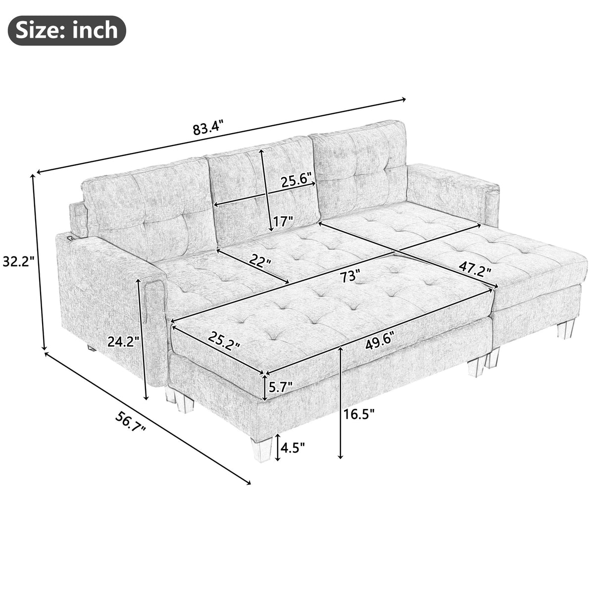 The Ashely Reversible Chenille Sectional Sofa with USB Charging Ports and Convertible Ottoman