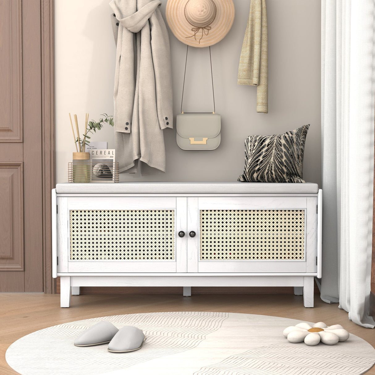 TREXM Boho Rattan Entryway Bench with Storage