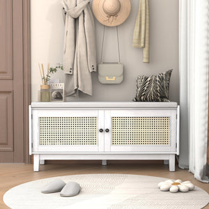 Boho Rattan Entryway Bench with Storage - MDF & Pine