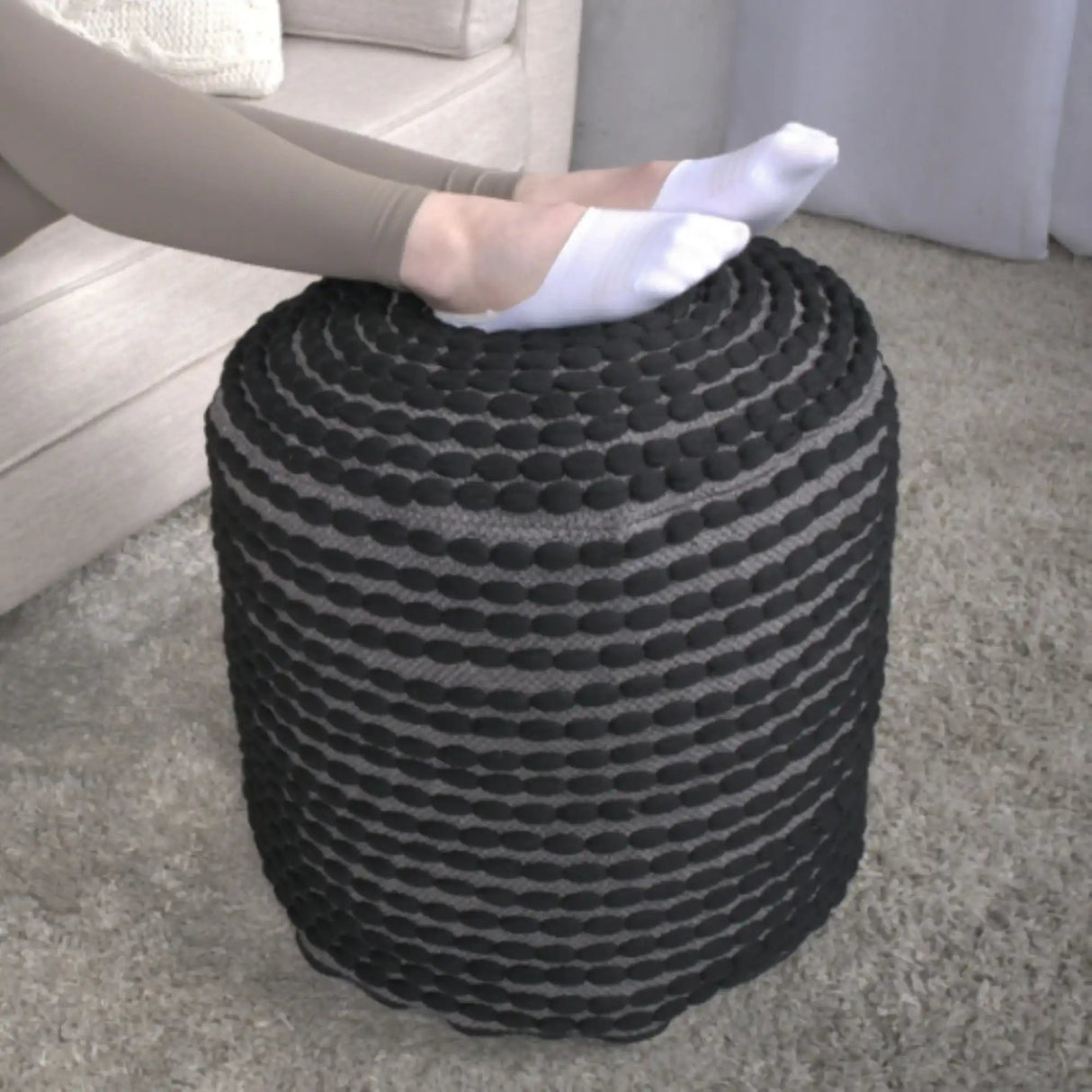 River Handcrafted Cylindrical Pouf in Water Resistant Fabric