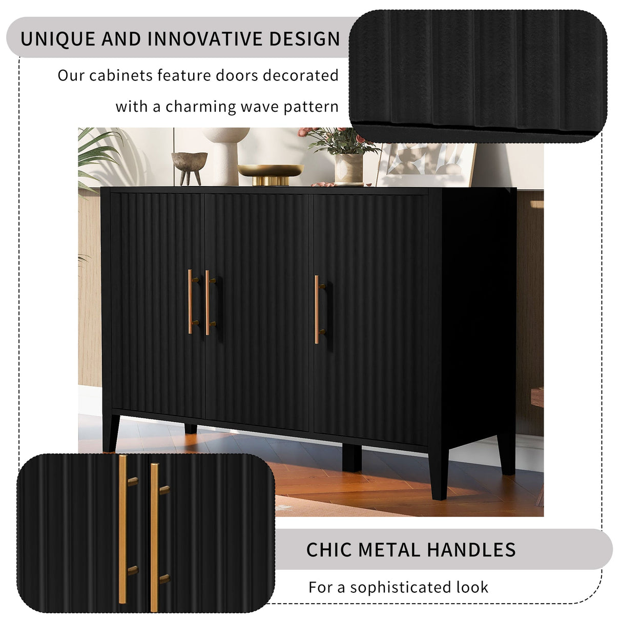 U-Style Wavy 3-Door Sideboard with Solid Pine Legs