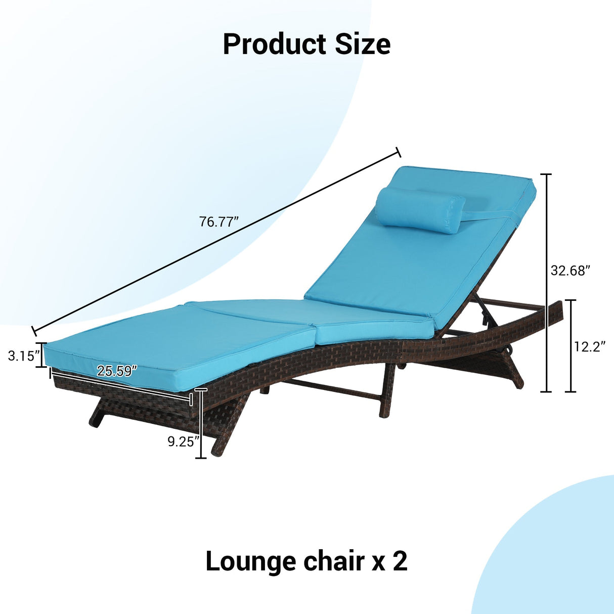 Outdoor Wicker Long Reclining Chair Set of 2 , Wicker Reclining Lounge Chair Lawn Sunbathing Chairs Recliner up to 150°  Beach Poolside Garden