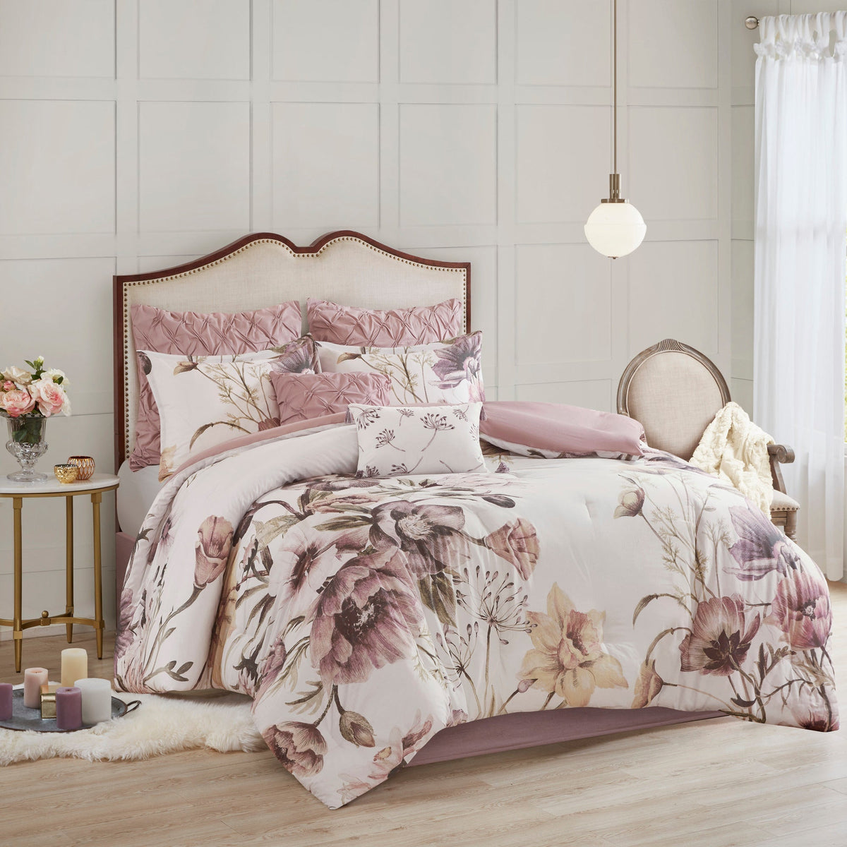 8 Piece Cotton Printed Comforter Set Blush Queen