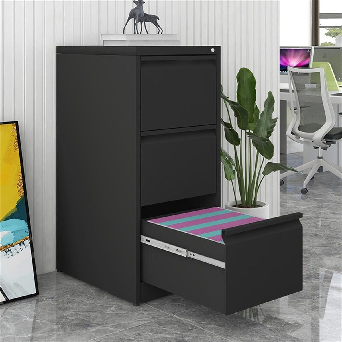Durable Metal 3 Drawer File Cabinet With Lock For Office Storage