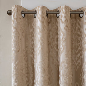 Knitted Jacquard Damask Total Blackout Grommet Top Curtain Panel - Champagne