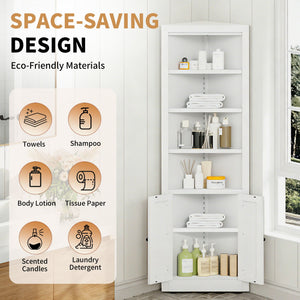 Tall Corner Storage Cabinet With 2 Doors, 5-Tier With Adjustable Shelve, Freestanding - White