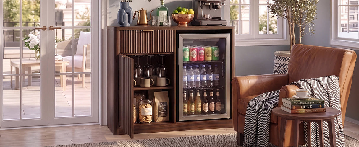 K&K 39.4" Coffee Bar Cabinet with Fridge Space