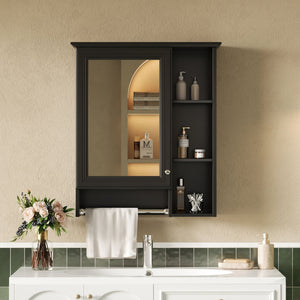 Modern 3 In 1 Bathroom Mirror Cabinet with Adjustable Shelf and Towel Bar - Black or White