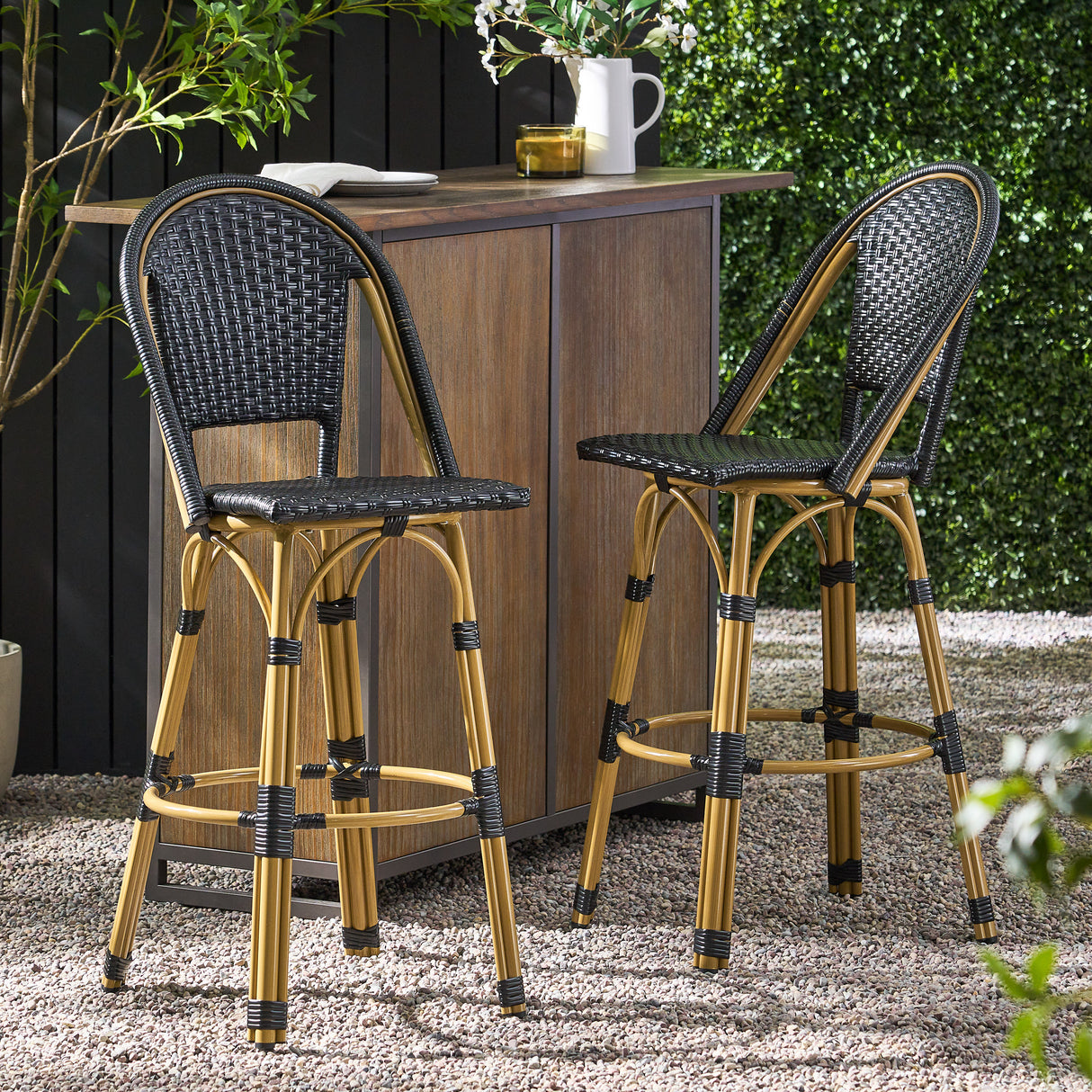 29.5" outdoor pe rattan and aluminum french barstools, set of 2, black and bamboo finish