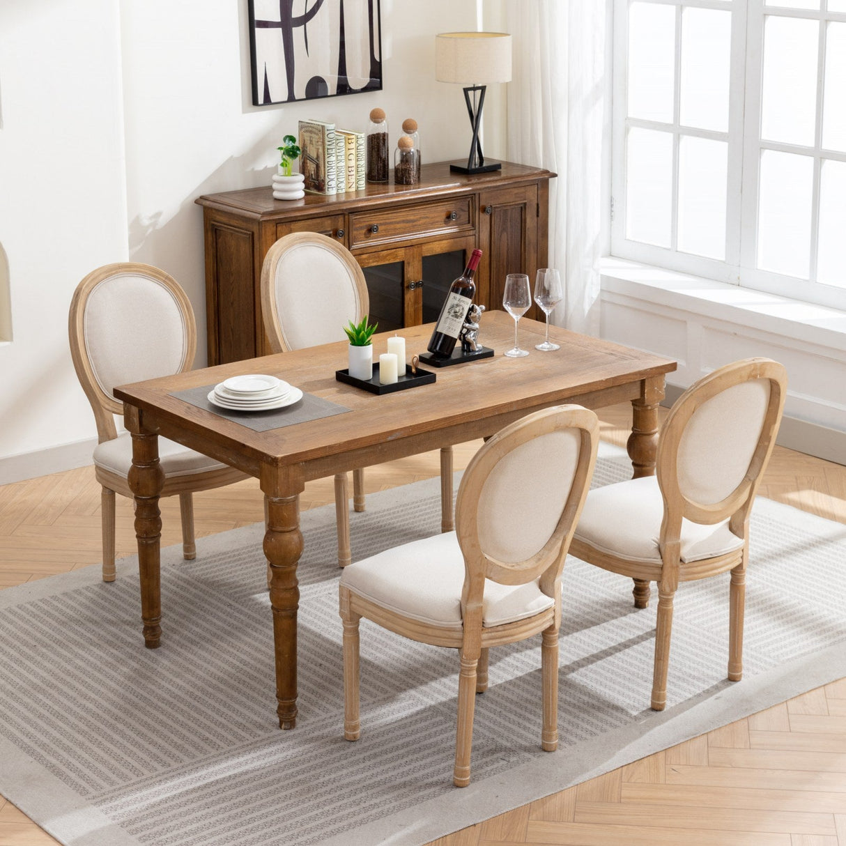 French Style Solid Wood Frame Linen Back Dining Chair Set of 2