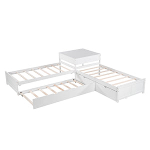 L Shaped Platform Bed With Trundle And Drawers Linked With Built In Desk