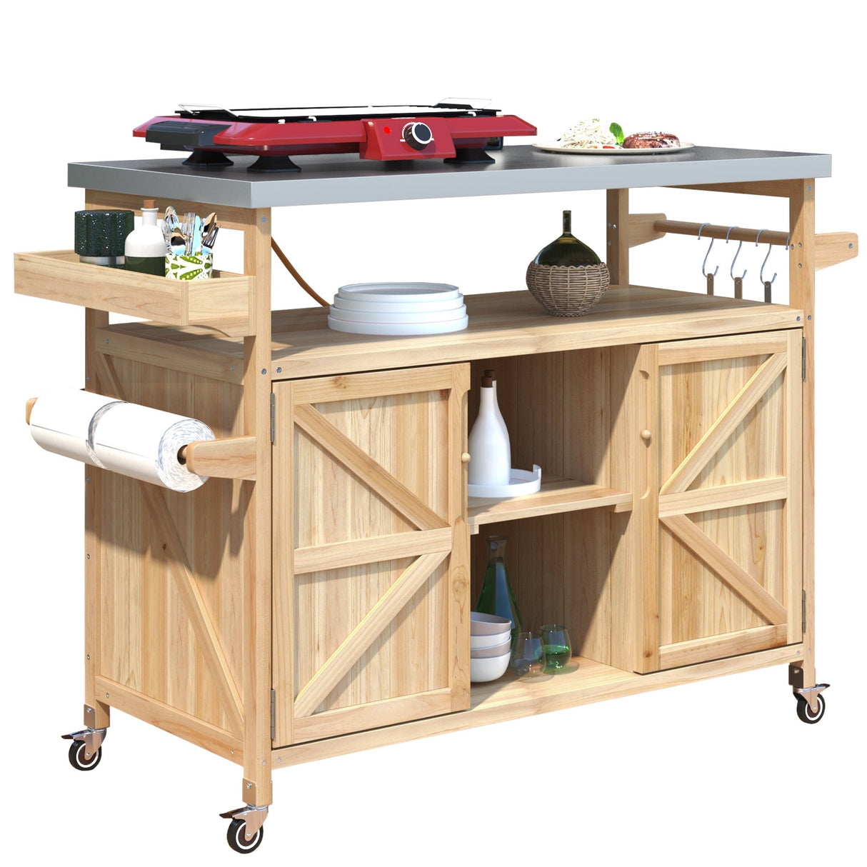 K&K Outdoor Kitchen Island, Rolling Bar Cart & Storage Cabinet
