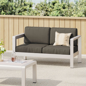 Outdoor Aluminum Loveseat with Deep Cushions - Silver