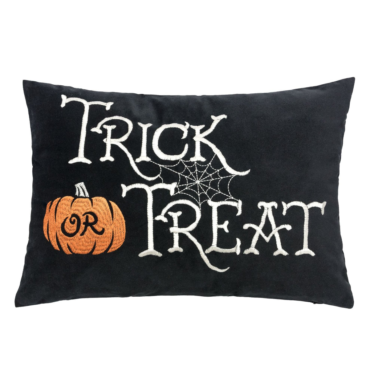 Halloween Lumbar Pillow – Embroidered ‘Trick or Treat’ Black Cushion with Insert